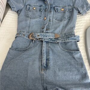 Denim Short Sleeve Jumpsuit with Belt